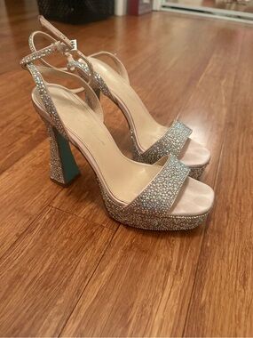 Betsey Johnson Crystal Platform Heels - Silver with Blue Accents